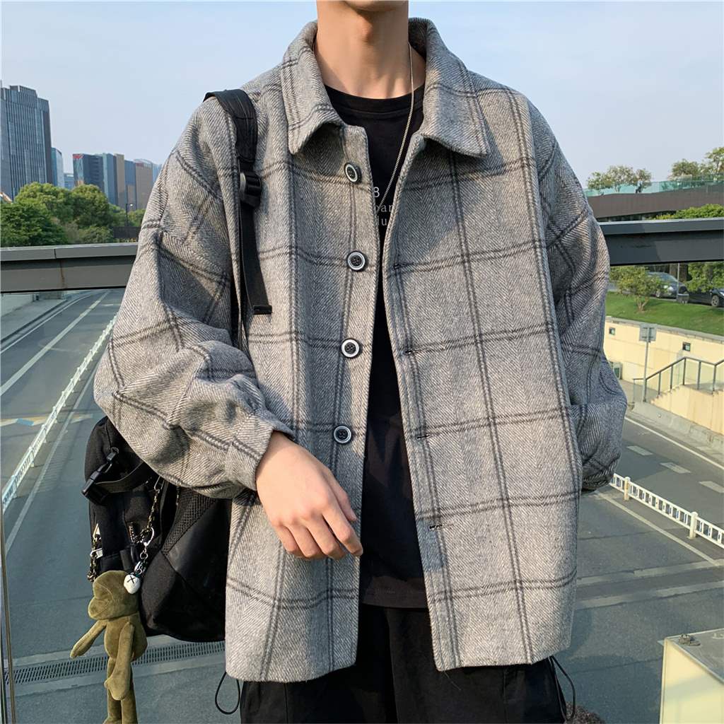 Men's Spring and Autumn New Korean Version Retro Versatile Woolen Plaid Windbreaker Coat Coat