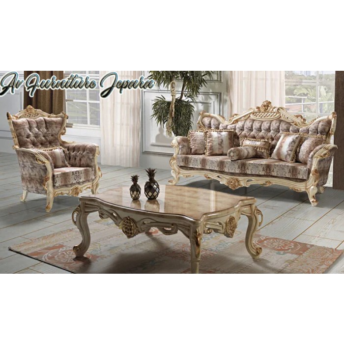 kursi sofa ukiran mewah Finising Gold kombinasi Kain Jok Motif