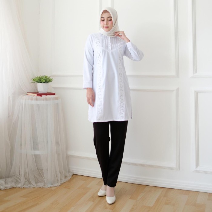 best -Baju atasan tunik putih wanita muslim kantor kerja - M