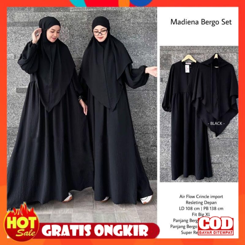 KAIN ADEM HALUS TEBAL / Mediena Bergo Set / Gamis Muslimah Syari Set Hijab Bahan Crinkle Airflow Ter