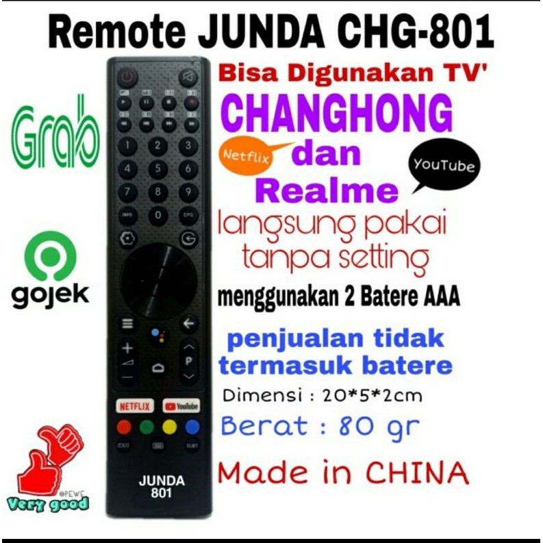 Remote Remot Led Junda 801 Cocok Di Changhong Realme Smart TV Android - Rini Accecories456