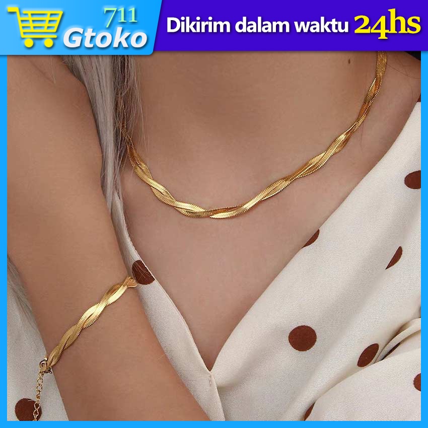 Kalung Rantai Gepeng Titanium Emas Gelang Pria Wanita Anti Karat