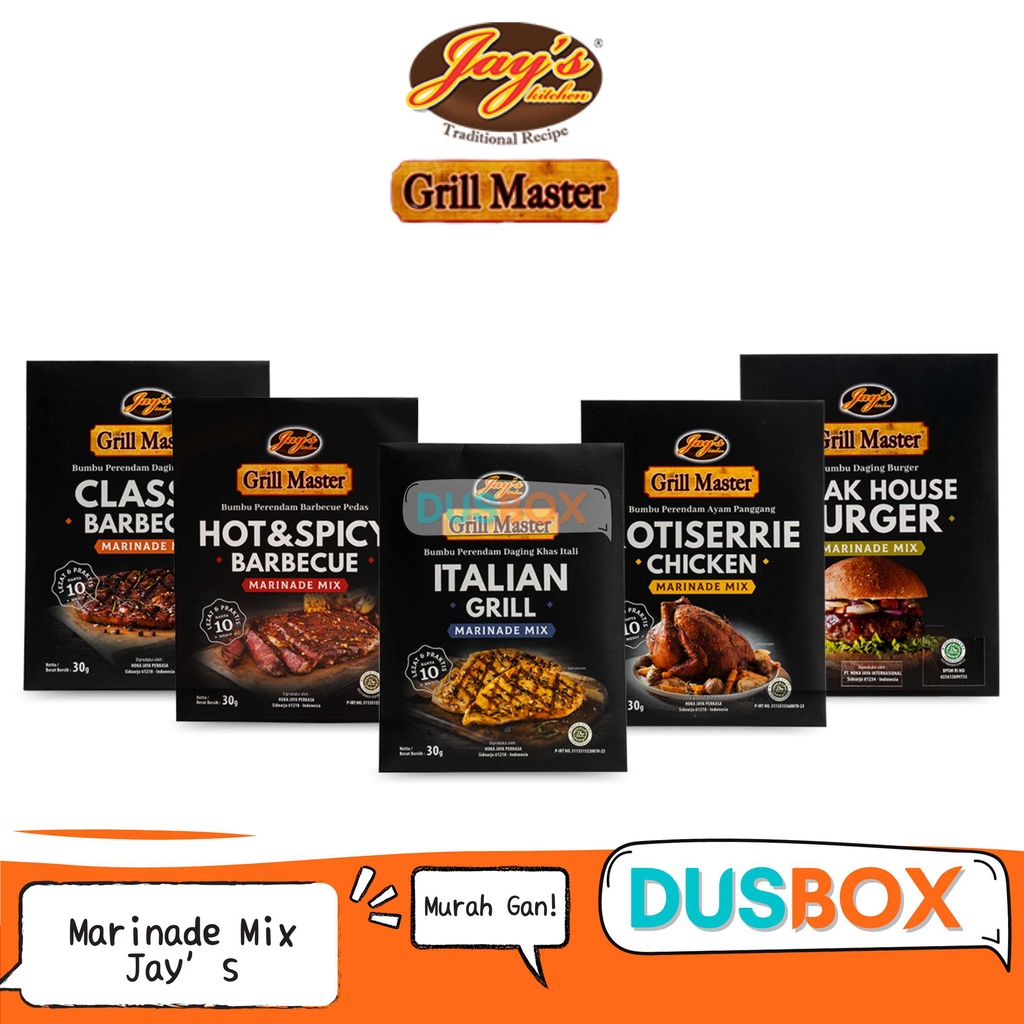 

Jay's Grill Master Steak House Burger Seasoning Mix / Bumbu Marinasi Jay's / Bumbu Marinasi Sachet / Bumbu Marinasi Barbecue Pedas / Bumbu Marinasi Daging Khas Italy/ Bumbu Marinasi Ayam Panggang / Bumbu Marinasi Daging Barbecue