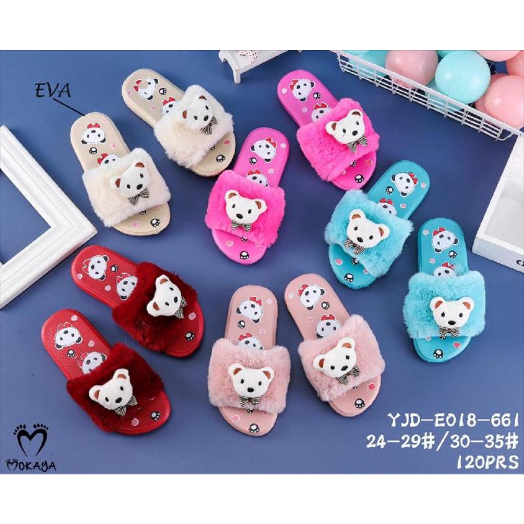 Sandal Slop Bulu Anak Cewek Motif Bear Putih Pita Super Empuk Cute Kekinian Import Mokaya / Size 30-