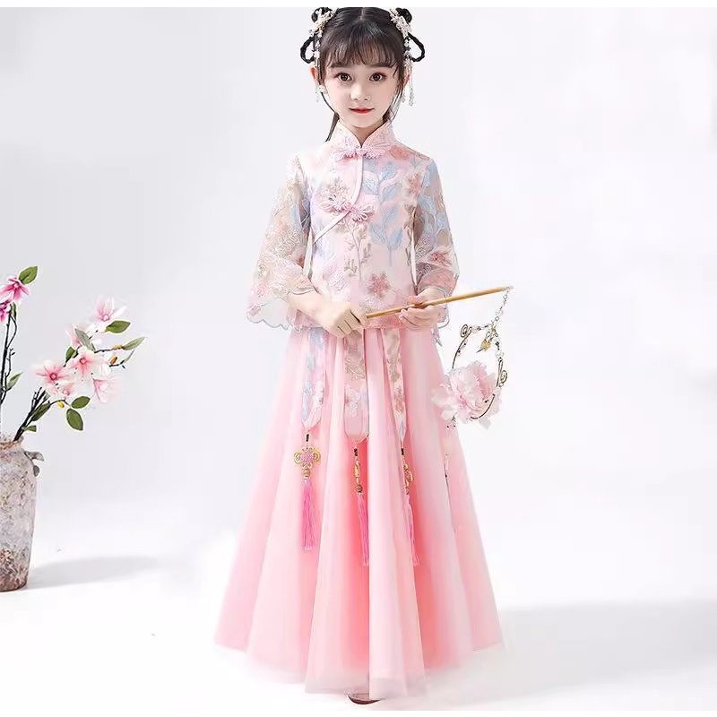 New Hanfu girl's mesh sleeve cheongsam two-piece set