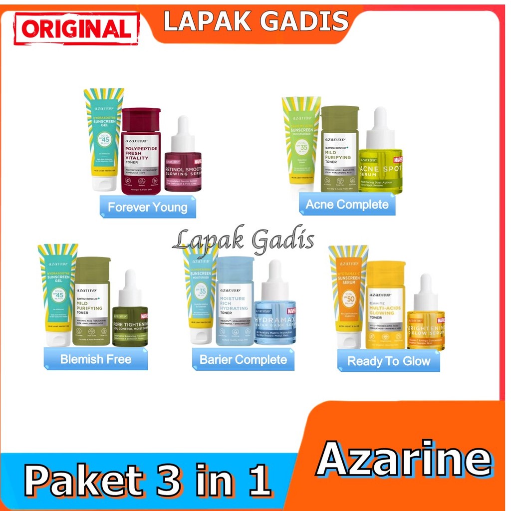 Lapak Gadis Azarine Basic Skincare Kit (Sunscreen + Toner + Serum) [3PCS] Paket TRIAL KIT KULIT KOMB
