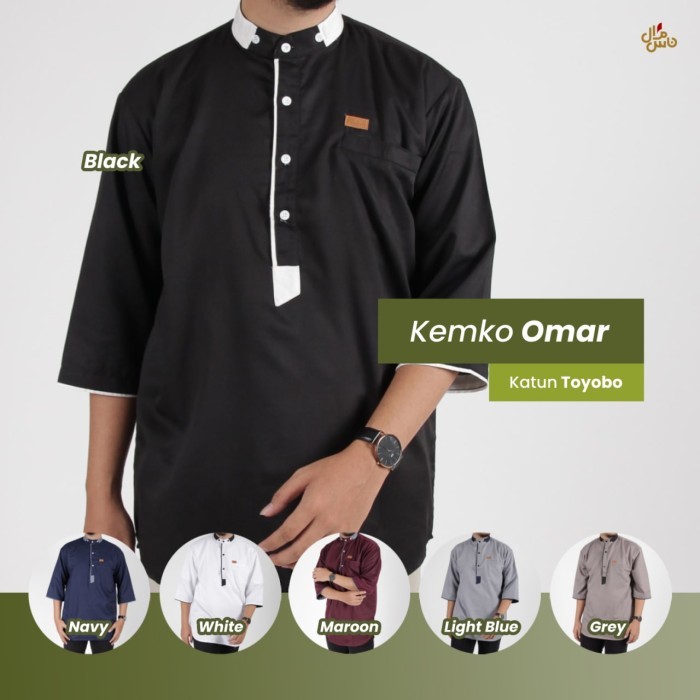 [Baju Lebaran 2025] Kemko Kemeja Koko Pria Dewasa Omar XXL GRATIS PECI RAJUT - Black, M