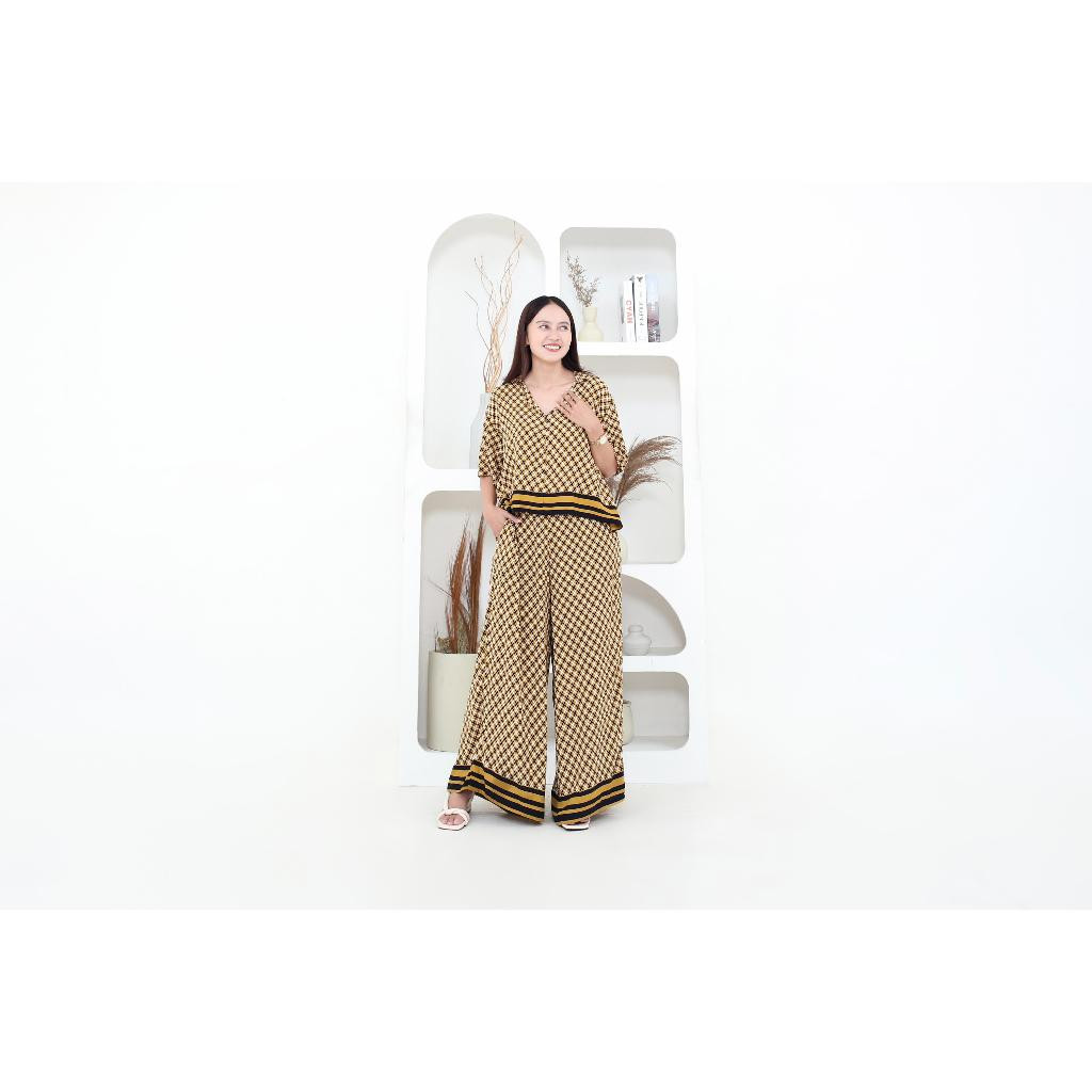 One set Wanita Kekinian Crop Top Lengan Pendek Motif Bahan Rayon Premium/ BUSUI FRIENDLY / SET FUJI