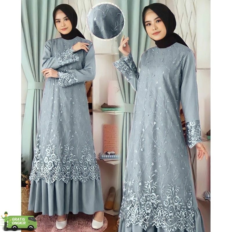 Paramita Dress Gamis Brukat Tile Premium Biru Muda Gamis Pesta Mewah Kondangan