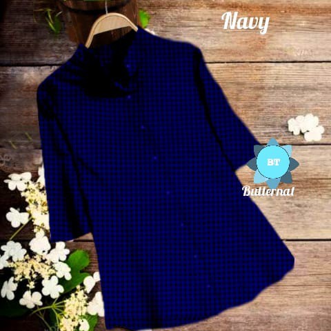 Tunik Busana Muslim Wanita Murah / Kemeja Tunik Kotak Kotak Checked Wanita Muslim - Navy, XL
