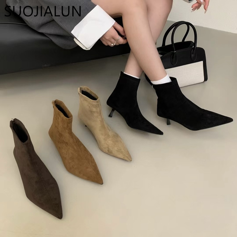 

SUOJIALUN 2024 Winter New Brand Women Short Boots Fashion Pointed Toe Ladies Elegant Ankle Boots Thin High Heel Dress Pumps Shoe
