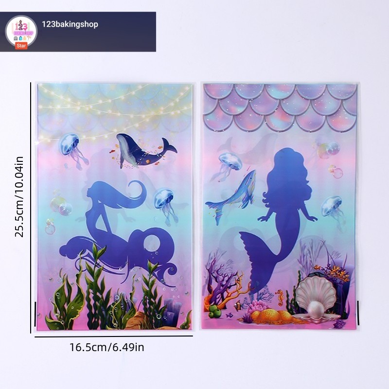 

10 Pcs Plastik (termasuk kawat) snack cookies nougat permen motif Mermaid/ Plastik totebag tenteng motif Mermaid plastik goodiebag ultah anak