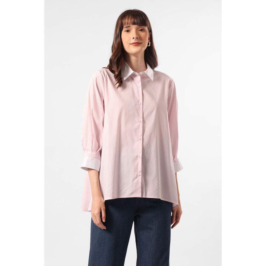 MINIMAL - Shania - Kemeja A Line Wanita Motif Garis - Pink