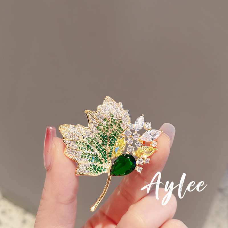[Aylee]Bros daun maple berlian imitasi emas bros pria dan wanita tas pakaian korsase aksesoris pin h