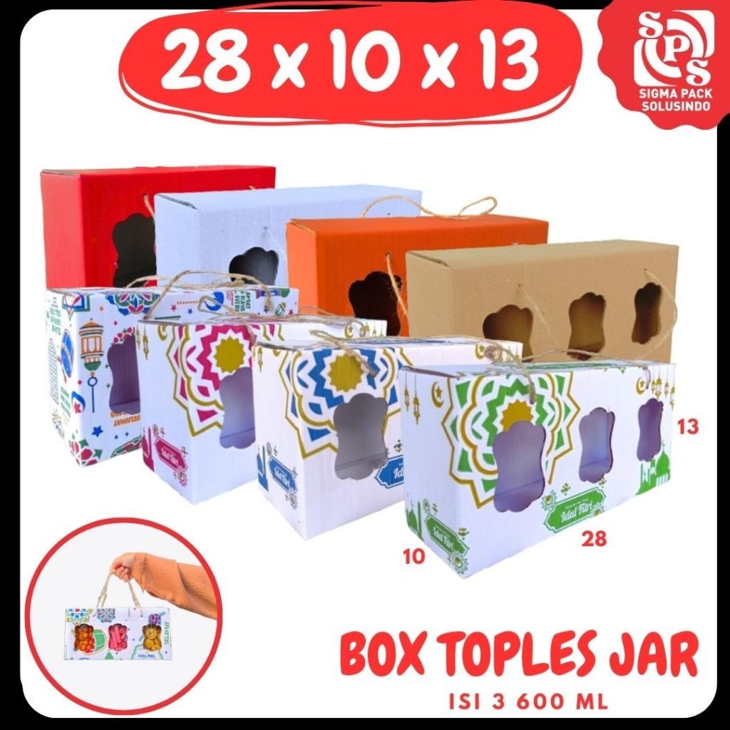 

Box 28x10x13 Jinjing Tali (KUKER TOPLES JAR 600 ml Isi 3) Gable Box Kardus Kue Kering / Idul Fitri /Hampers / Lebaran / Gable Box Polos/Motif MEDIAKIT IDN