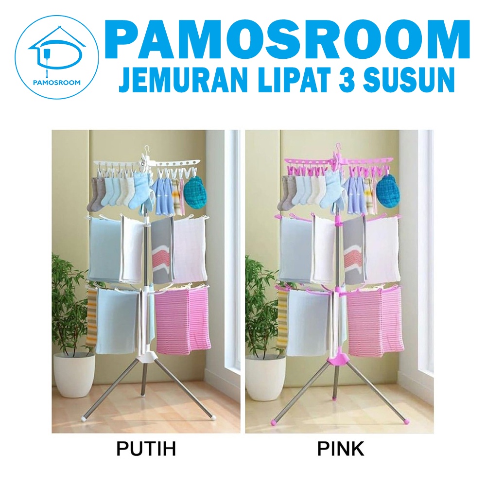 Pamosroom Jemuran Menara Bayi Plastik Jepitan Jemuran Lipat Hanger 3 Tingkat Gantungan Baju Handuk