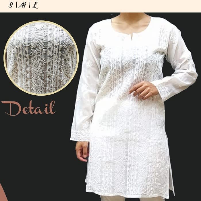 Baju Kurti Putih Leafs Bordir India ( Tunik / Bluss / Muslim )