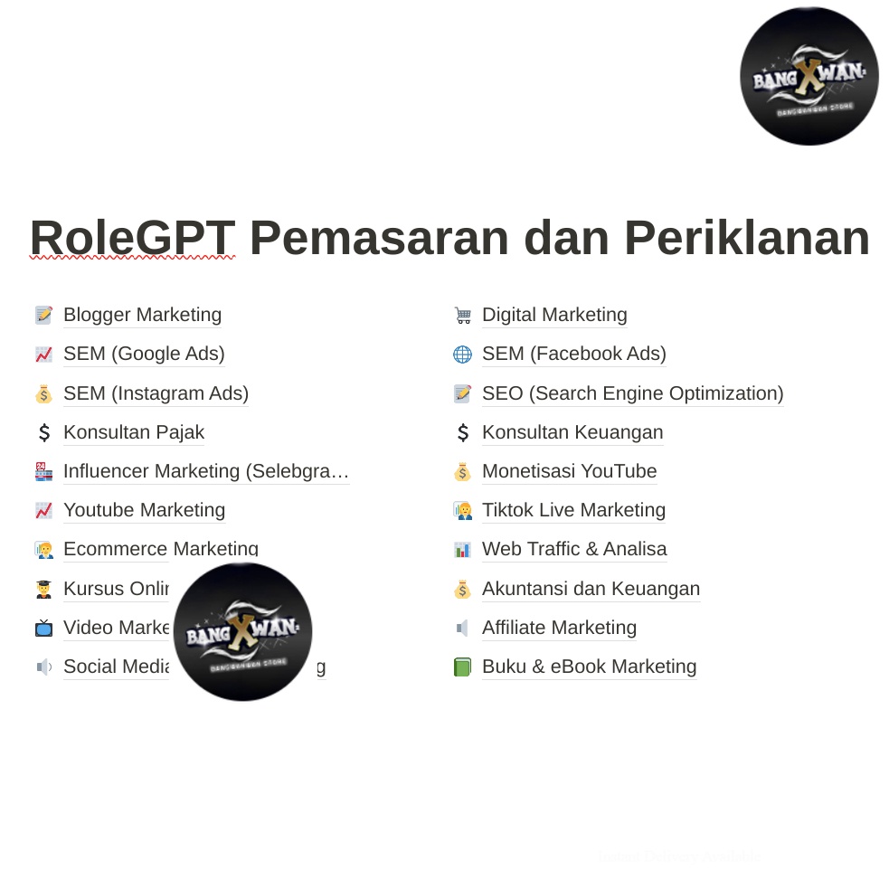 

RoleGPT Pemasaran dan Periklanan | ChatGPT Prompt | Mantra Digital | RM Marketing SEM SEO Buku Digital Sosial Media dll