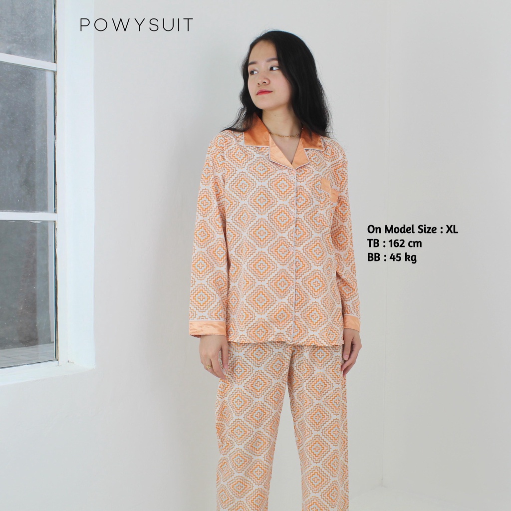 *PREMIUM* YX42 Orange Pattern Piyama Satin Powysuit Korea Baju Tidur Wanita Lengan Panjang Celana Panjang Motif lembut