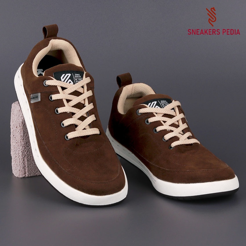 EVO BROWN - Sepatu Sneakers Pria Casual Distro Man Shoes Suede Sneaker Cowok Coklat Original KUZATUR