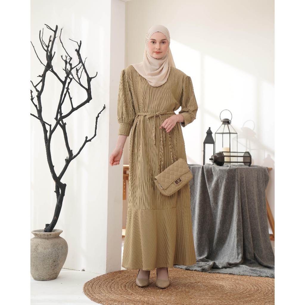 Medina Aleesha Sage Green - Gamis Wanita Muslim Polos Jumbo Terbaru Bahan Knit Hornet Warna Sage Gre