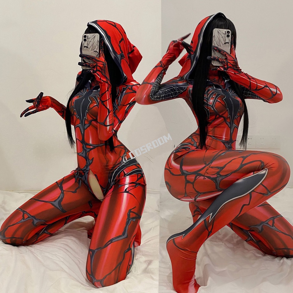 PREORDER Venom Spiderman Costume Woman Sexy Zentai Suit Jumpsuit Spandex Zentai Open Crotch Bodysuit