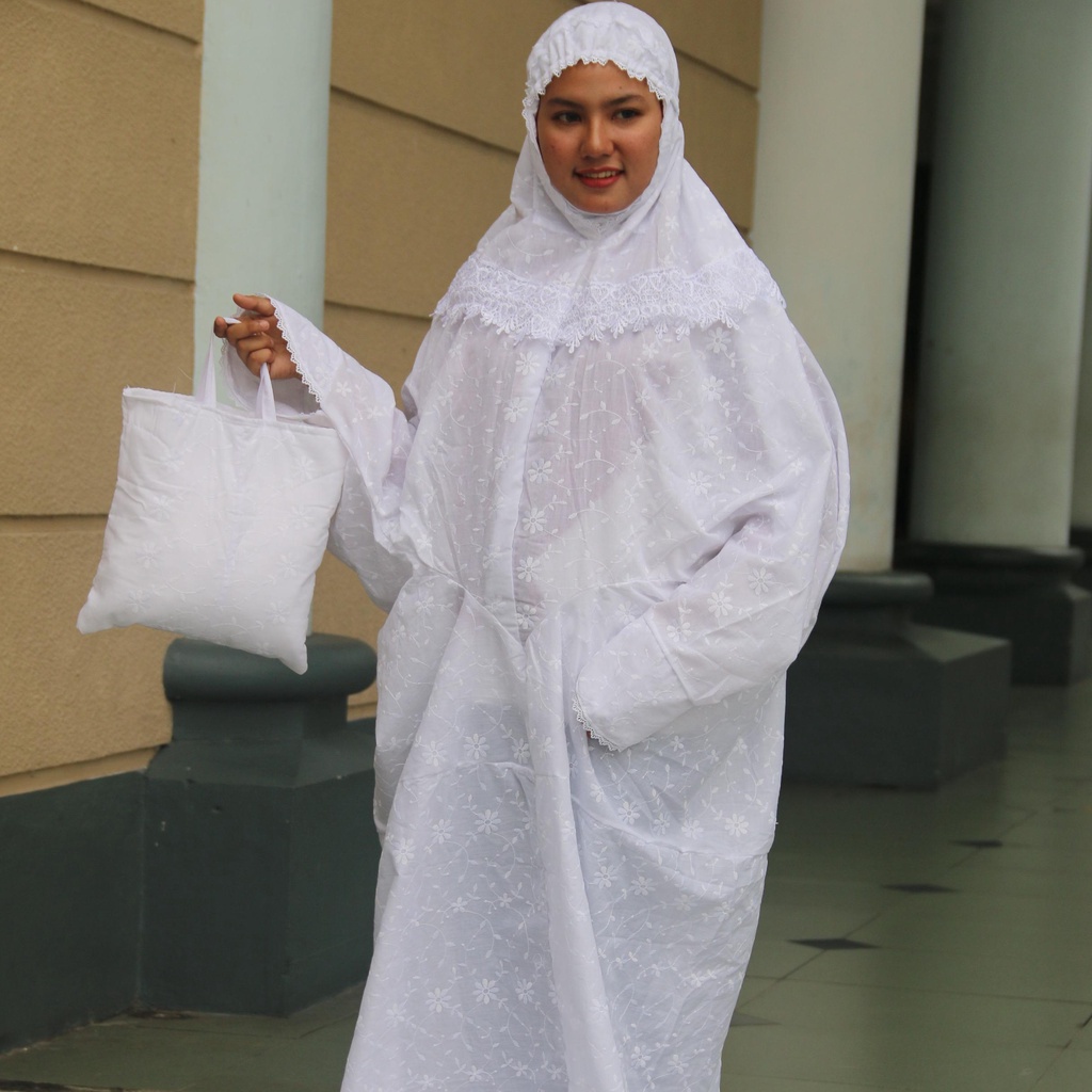 Mukena terusan Katun Jepang full Bordir jumbo prada putih polos motif bunga Swarovski paris free tas