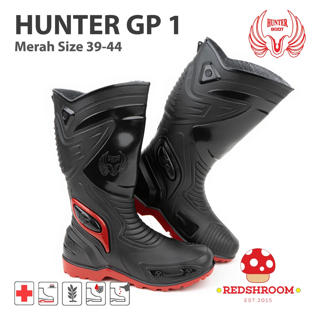 Sepatu Boot Tinggi HUNTER GP 1 Hitam Merah Boots Karet Lokal Lentur Ringan Anti Air & Slip Touring