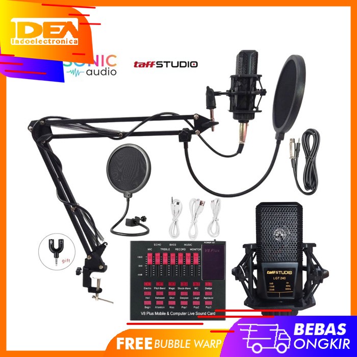 Paket Full Set Mic condenser Recording Soundcard V8+