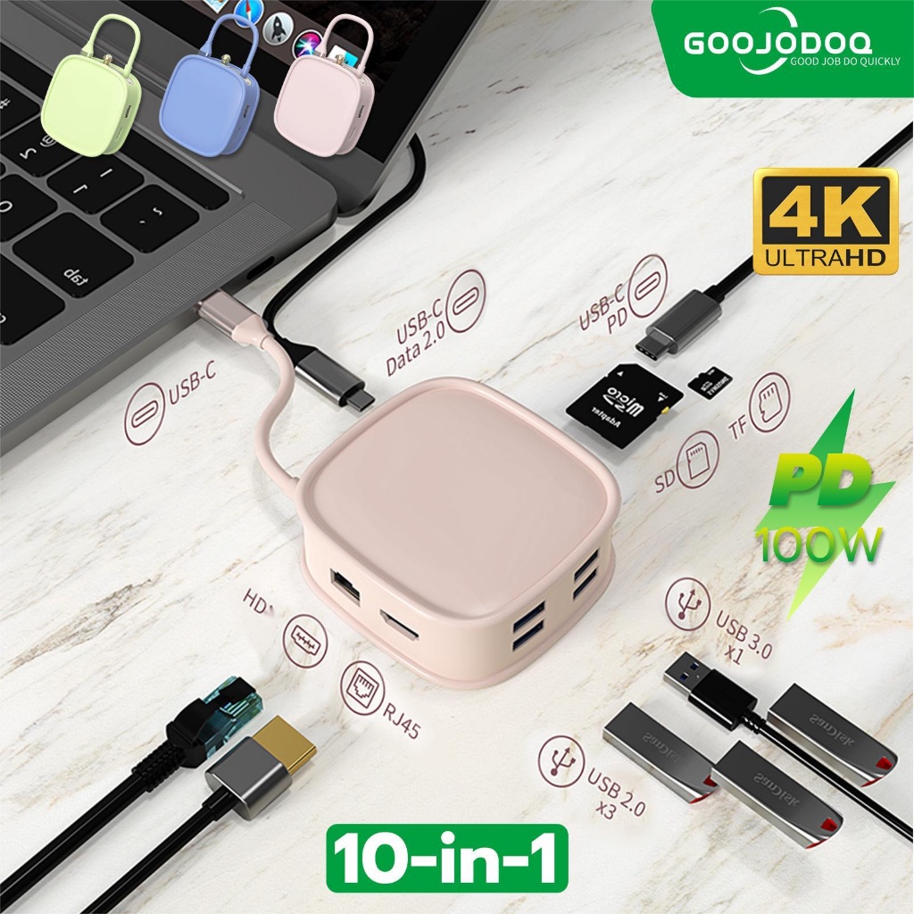 GOOJODOQ Handbag style 10 in 1 type-c docking station usb hub laptop docking stationuntuk Dell HP For MacBook Pro Tipe C Dock HD PD 3.0 USB RJ45 PDTF/SD Card Reader