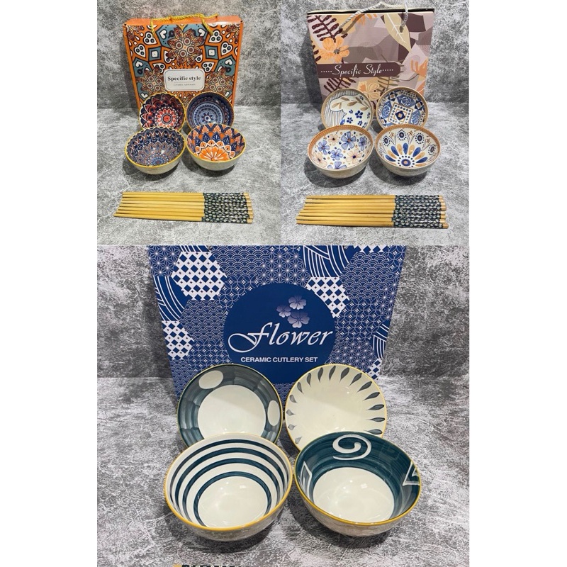 SOUVENIR MANGKOK SET ISI 4 MANGKOK KERAMIK JEPANG MANGKOK SUP HAMPERS