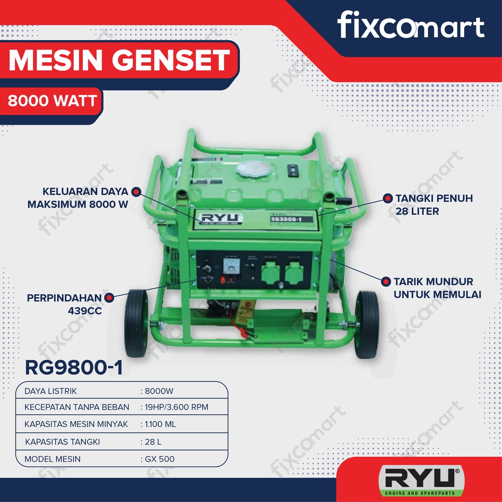 RYU Gasoline Generator Set / Mesin Genset RG9800-1