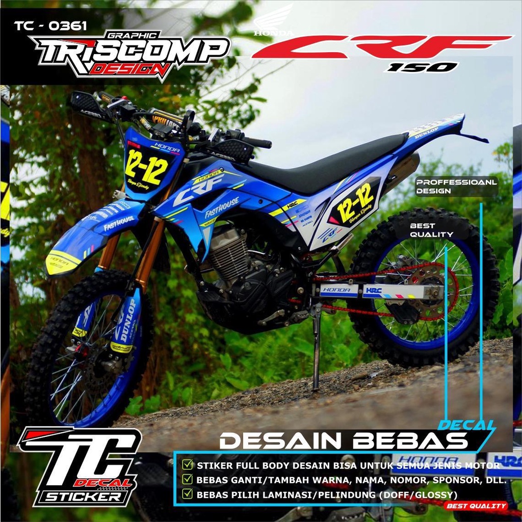 Stiker CRF Decal CRF 150L Stiker Motif biru kombinasi kuning stabillo Superglossy Tebal Desain Custo