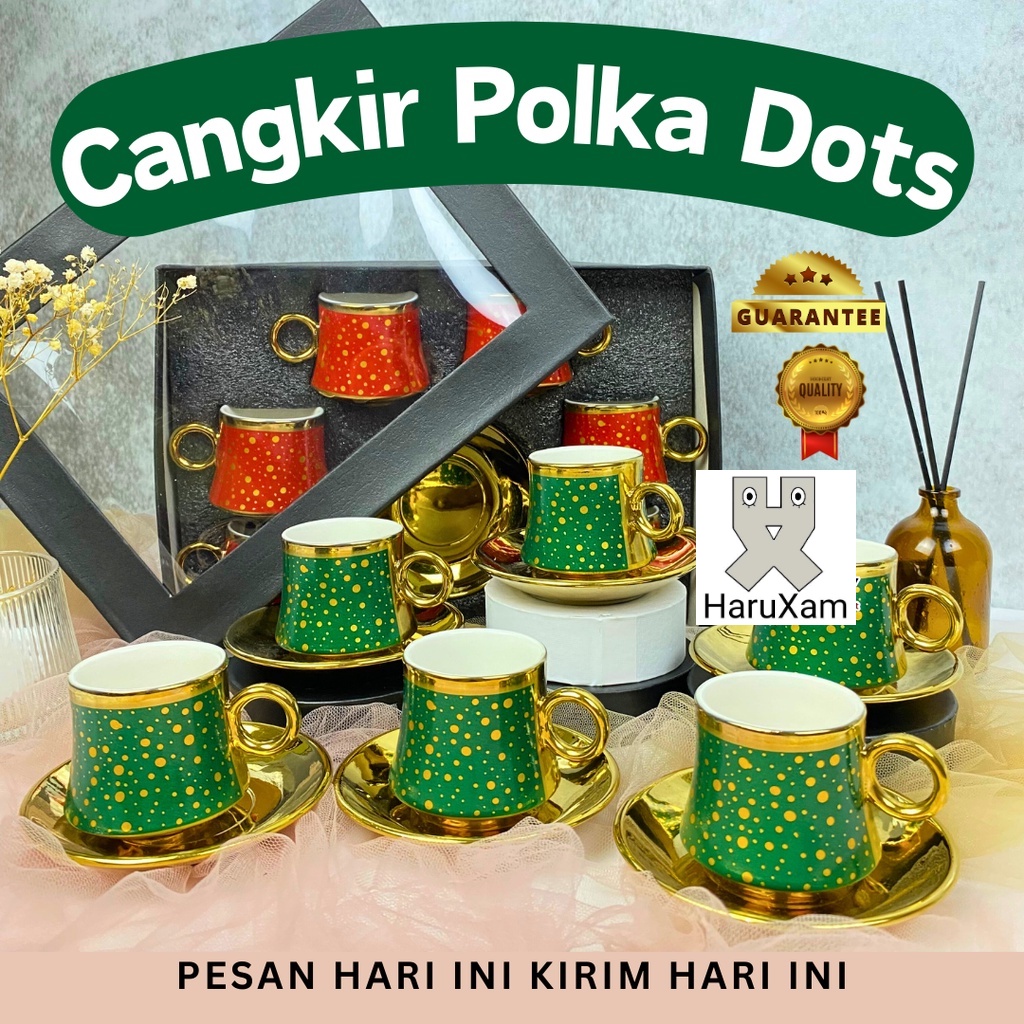 

Cangkir Teh Set Keramik Tatakan Motif POLKADOTS Hampers Souvenir Mug Natal Lebaran Imlek