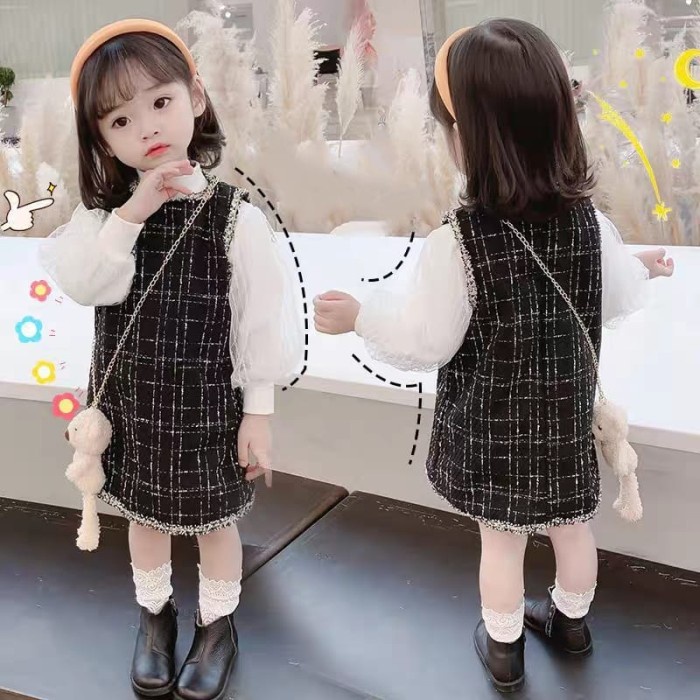 Dress 2in1 Overall Anak Perempuan  Dress Anak Korea Style  - Full Hitam, M
