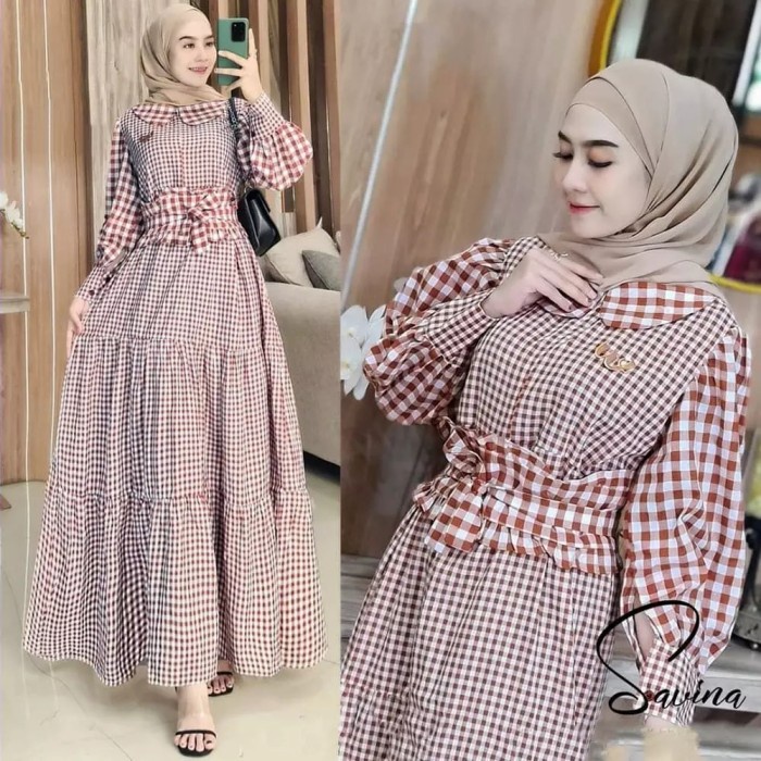 Gamis kotak kotak katun flanel  modis kekinian   - Mocca, M