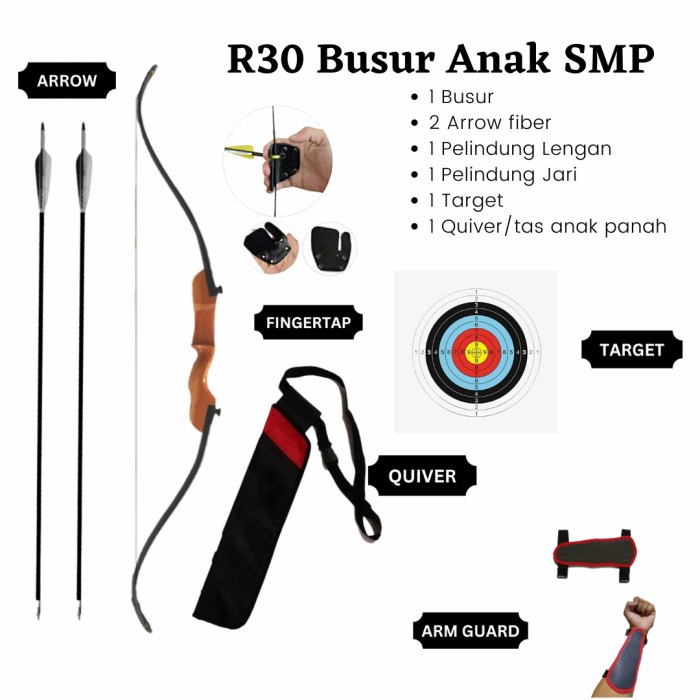 Paket Lengkap Busur Panah Panahan Anak SMP R30 Arrow Fiber