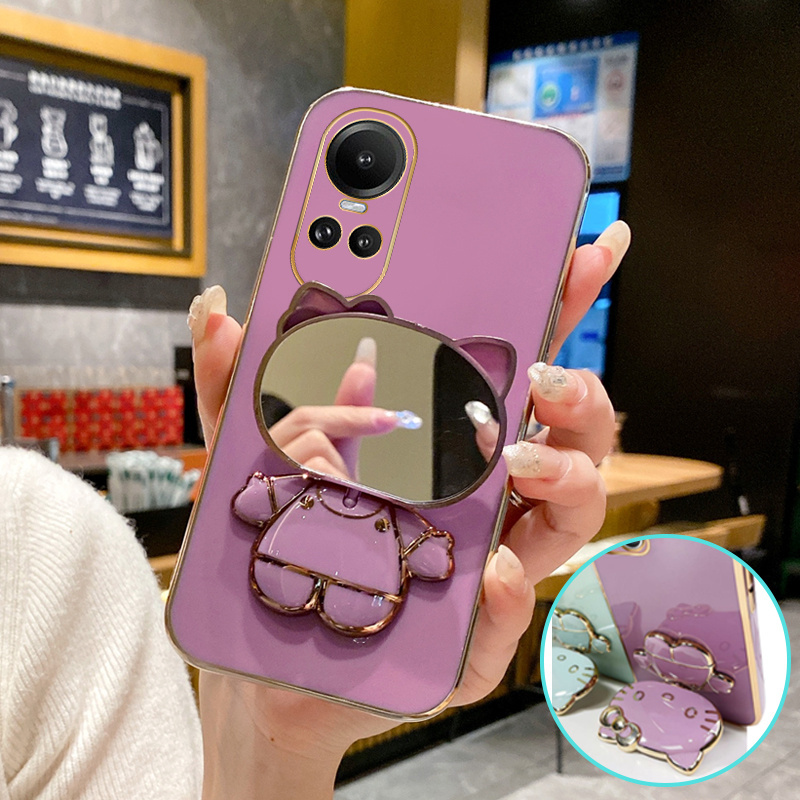 Case HP Holder untuk OPPO Reno 10 Pro 5G Reno 8 4G 8 Lite 8T 8Z OPPO Reno 7 7 Lite 7Z 5G OPOP Reno10 Reno8 Reno8T T Z OP Casing Softcase Stand Kesing Lucu Cassing Phone Soft Lebih Sederhana kitty Holder Cermin Solid Color Kasing Sofcase Chasing