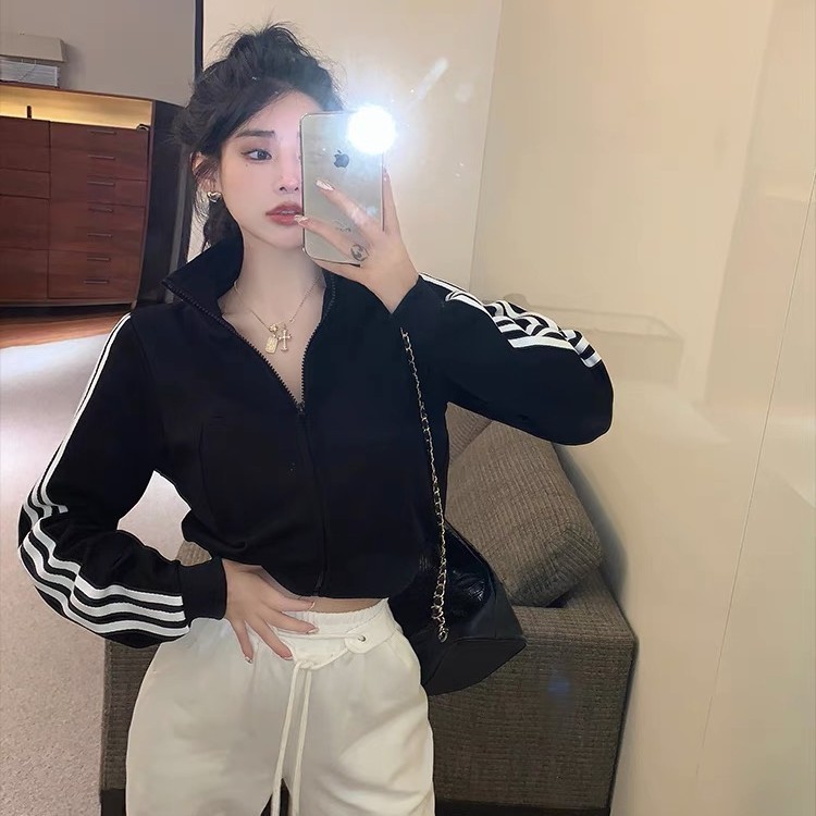 Mantel Pendek Hitam Wanita Atasan Mantel Lengan Panjang Ritsleting Ramping Gaya Korea