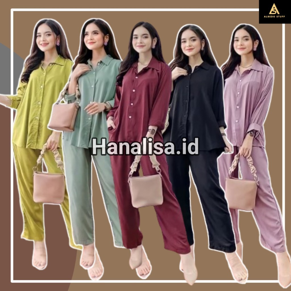 One Set Piyama Setelan Rayon Polos Pajamas Viscose Motif Terbaru Wanita Dewasa Lengan Panjang Full k