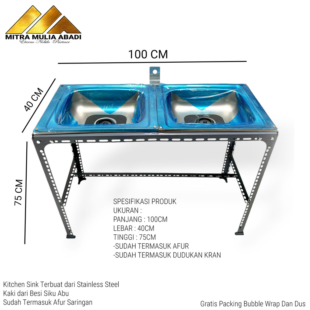 ID WASTAFEL PORTABLE DOUBLE BOWL BAK CUCI PIRING TANGAN KLINIK FOODCOURT KITCHEN SINK 100CM 2 LUBANG