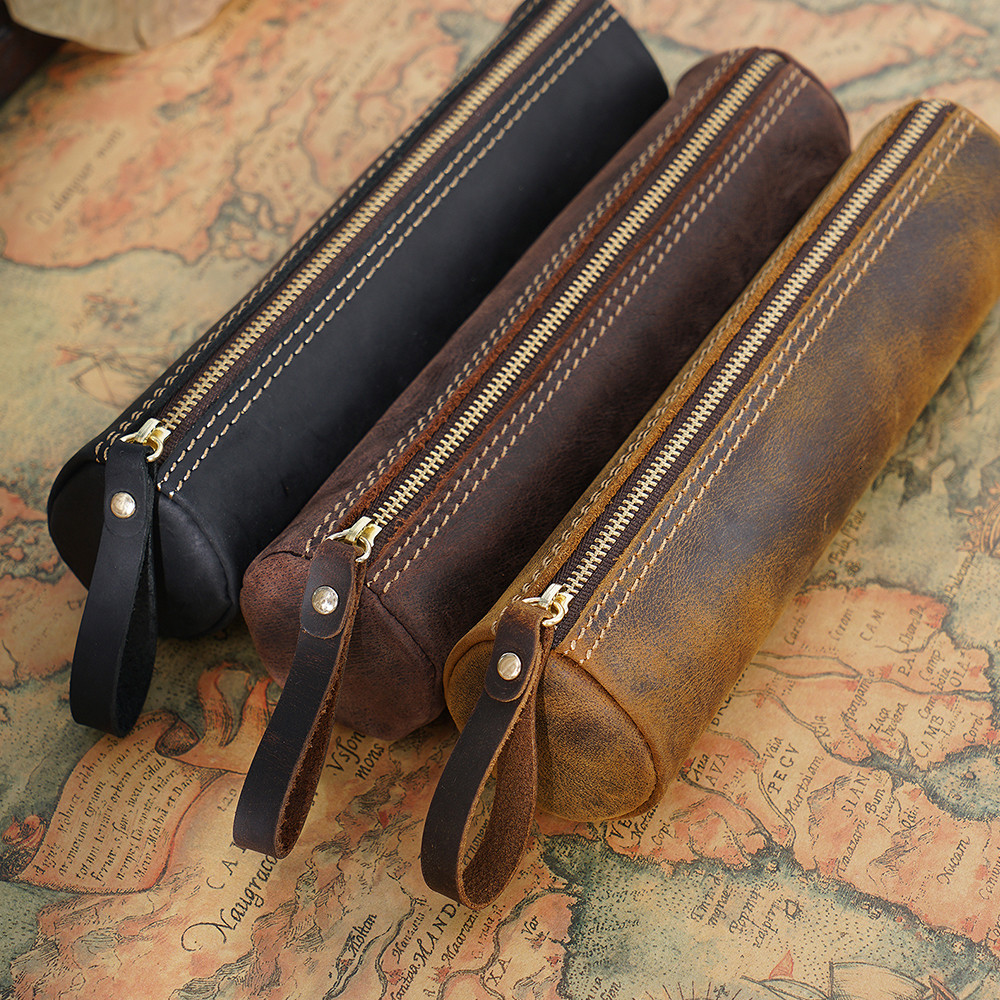 

100% Genuine Leather Zipper Pen Pouch Pencil Bag Vintage Crazy Horse Leather Large Capacity Handmade Creative School Stationary