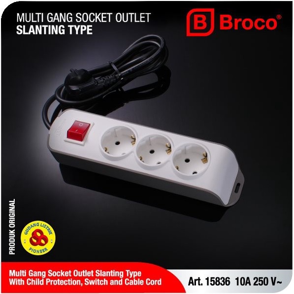 Broco Stop Kontak 3 Lubang Miring CP 15836 + Saklar Lampu + Kabel 1,5M
