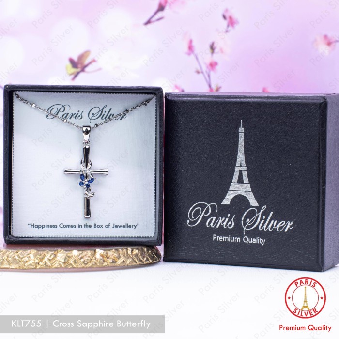 RB Kalung Salib Kupu-Kupu Safir Perak Asli Silver 925 Lapis Emas Putih Wanita Liontin Blue Sapphire