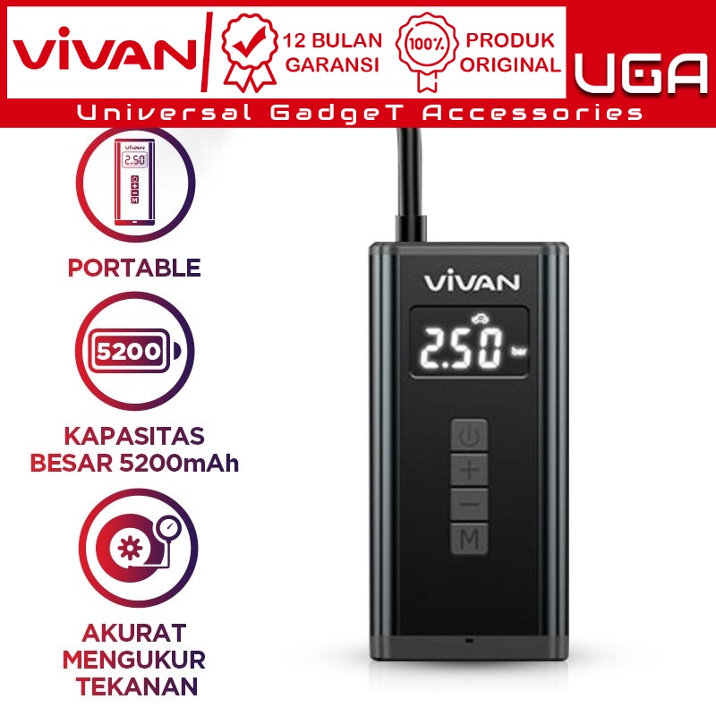 VIVAN VTI01 Pompa Ban Mobil Portable Inflator Tire Pompa Elektrik 5200mAh Elektrik