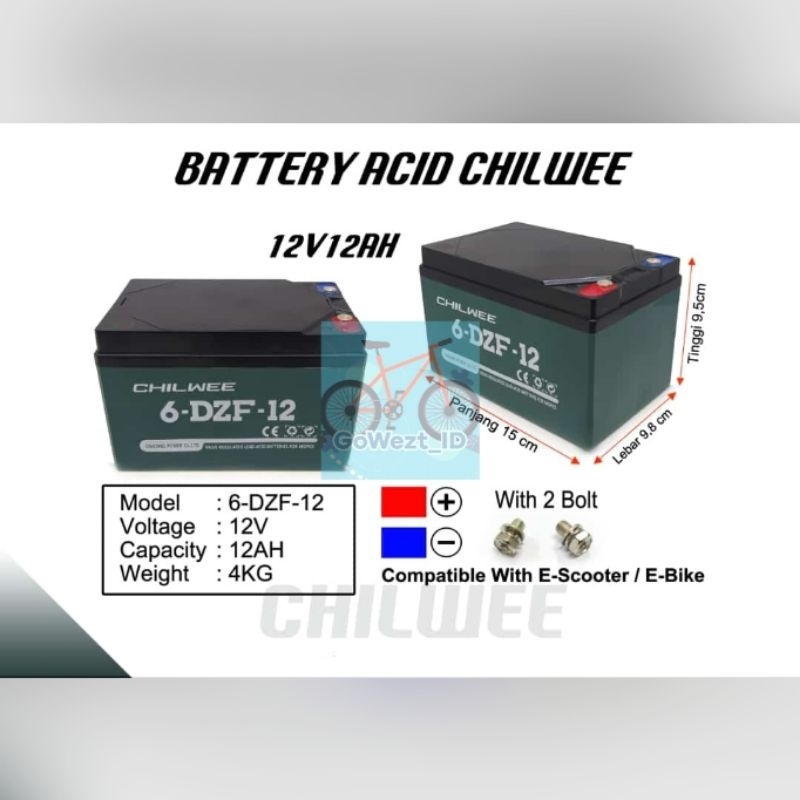 Baterai Aki Sepeda Listrik Battery Acid Chilwee 12V 12AH Battery E-Bike E-Scooter Tianneng Original 