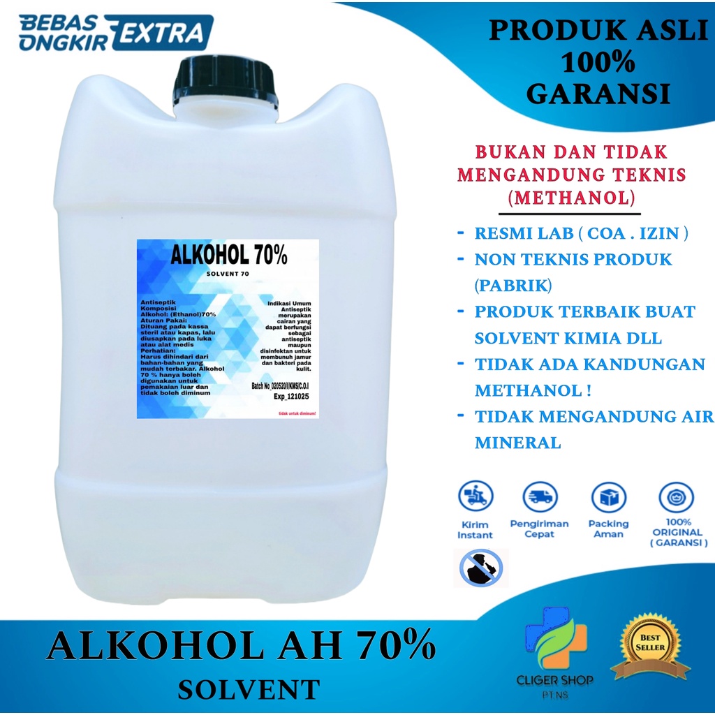 Alkohol 70% 20 liter pure grade / alkohol 70% SOLVENT PELARUT PARFUM SOLVENT DLL NOT FOOD