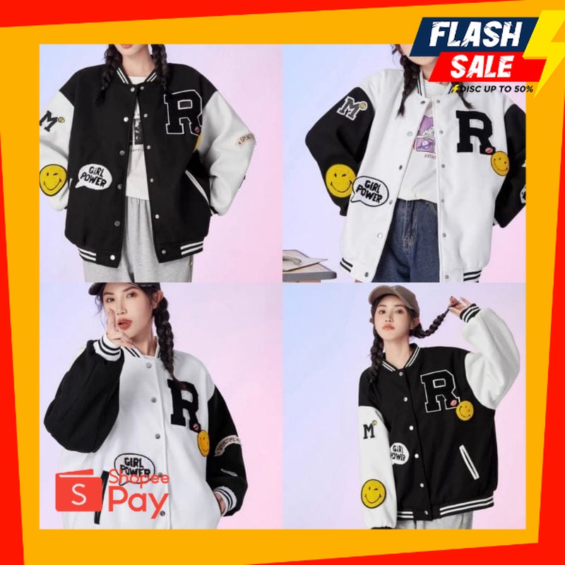 OUTFIT JKT48 | R SMILE  VARSITY JAKET BASEBALL OVERSIZE - JAKET VARSITY WANITA - BASEBALL JAKET