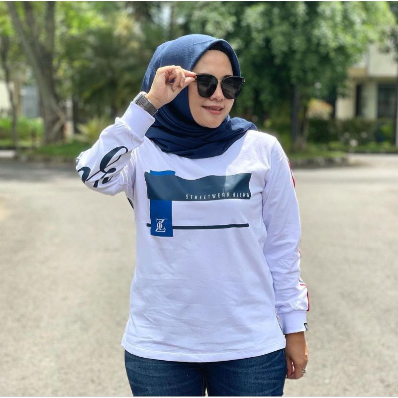 Warna Biru Putih kaos zolaqu atasan wanita lengan panjang model belah samping terbaru kekinian kaos 