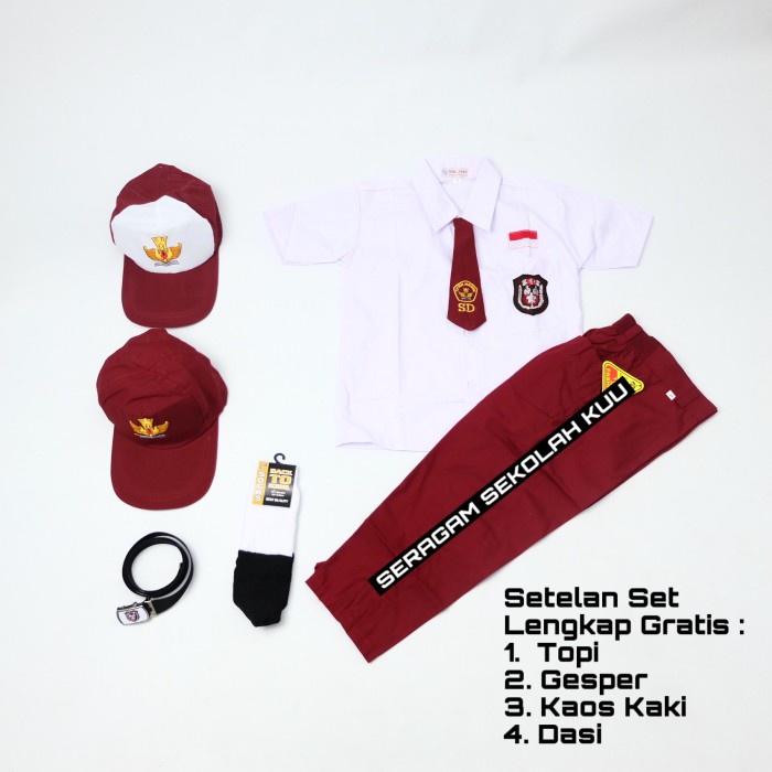 

[MEDAMART] DISKON Setelan Super Lengkap Seragam Sekolah SD Pendek Panjang Laki Cowok Topi MerahPutih, KELAS 1